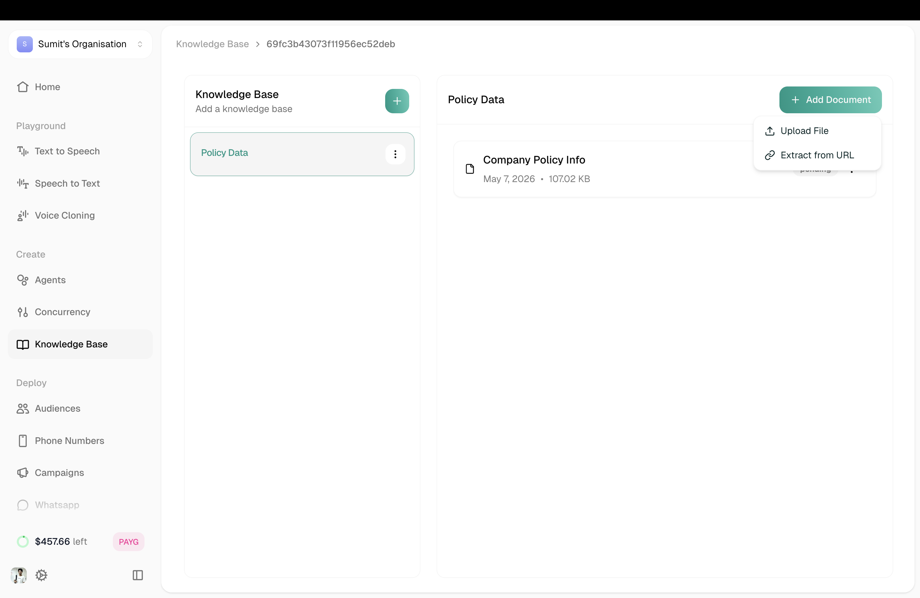 Add Document dropdown