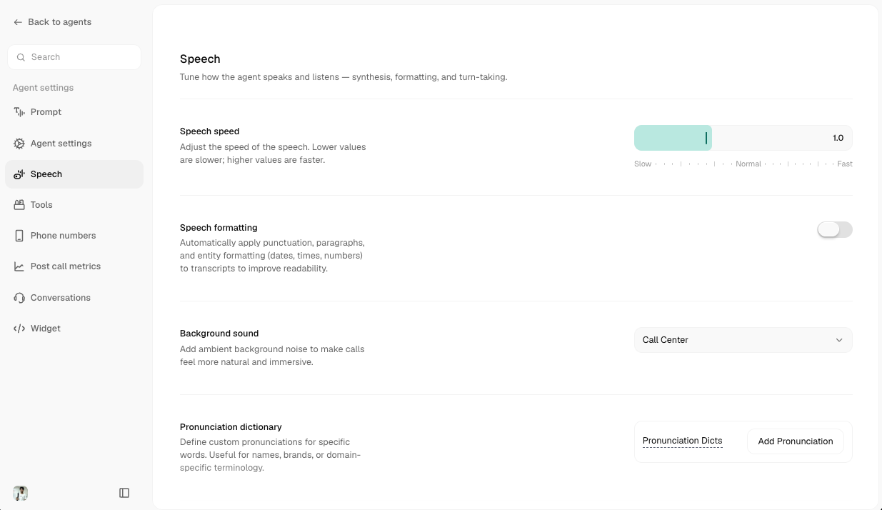 Speech settings tab showing voice, turn-taking, and listening controls