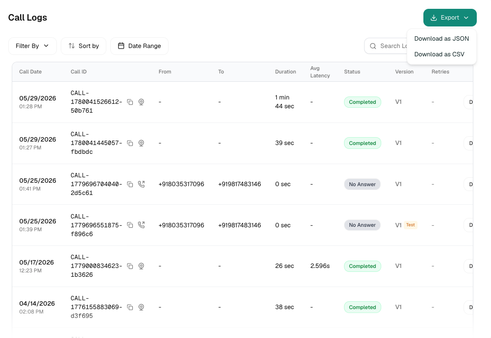 Call Logs list with Export menu open