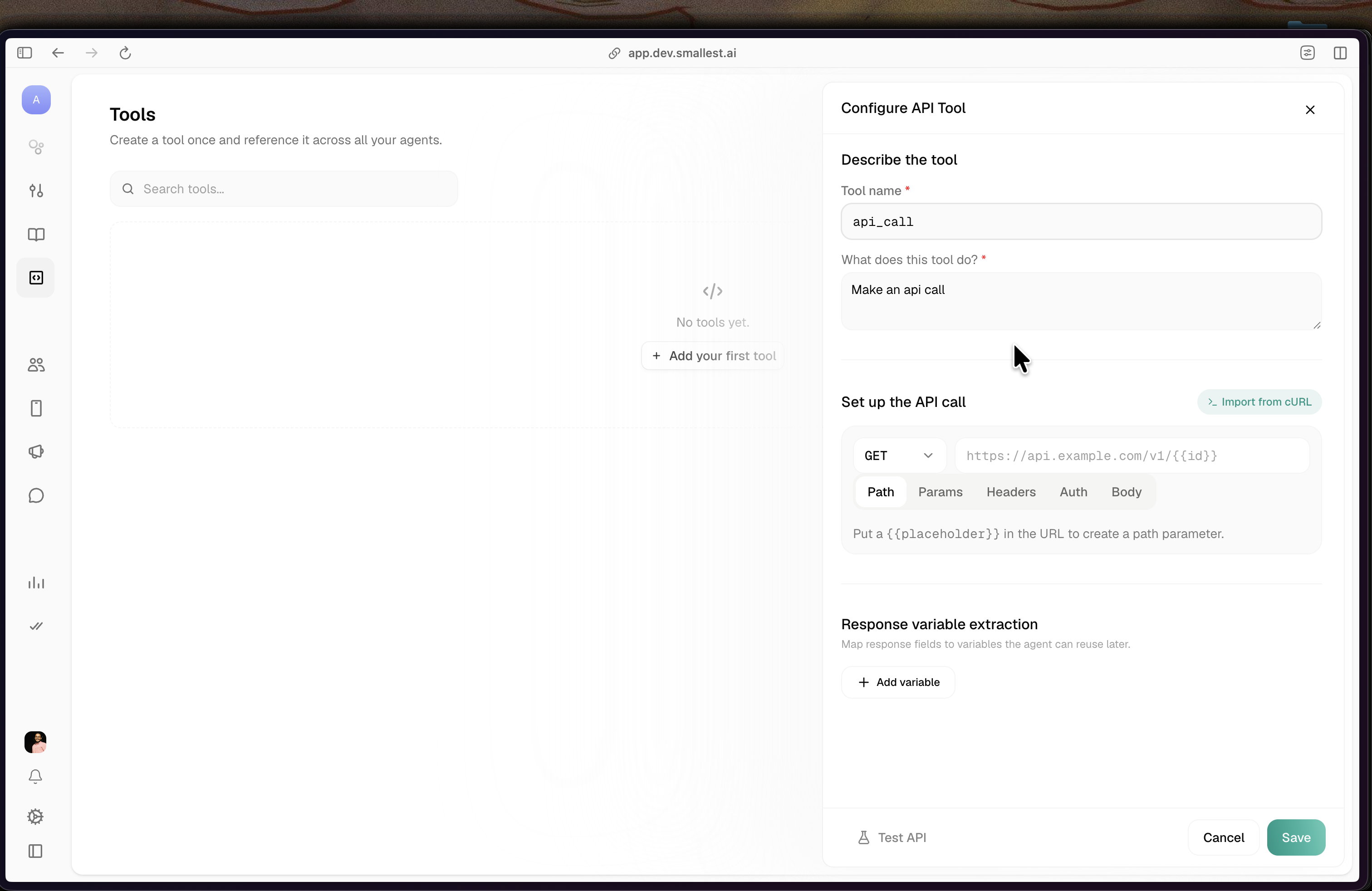 Configure API Tool panel with name, description, method, URL, and the Path/Params/Headers/Auth/Body tabs