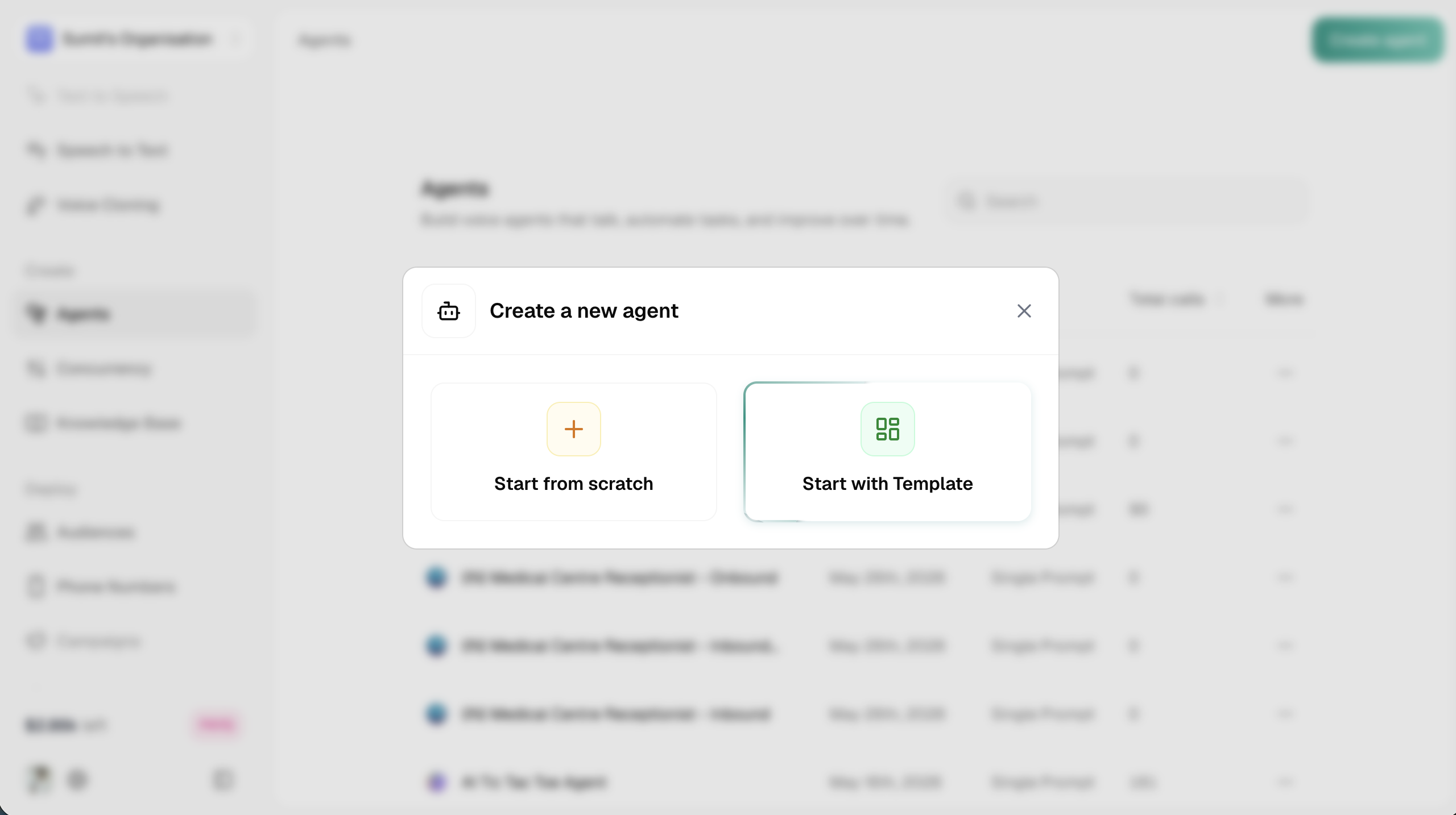 Choose Start with Template from the Create Agent modal
