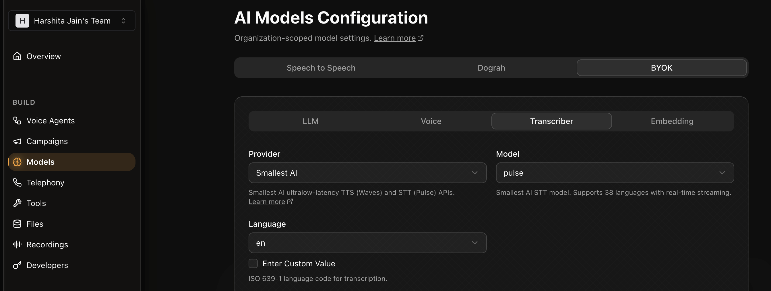 Dograh BYOK Transcriber tab with Smallest AI selected as provider and pulse as model