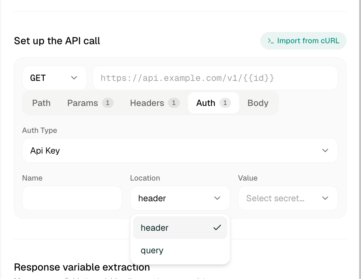Api Key auth with Name, Location header or query, and Value secret picker