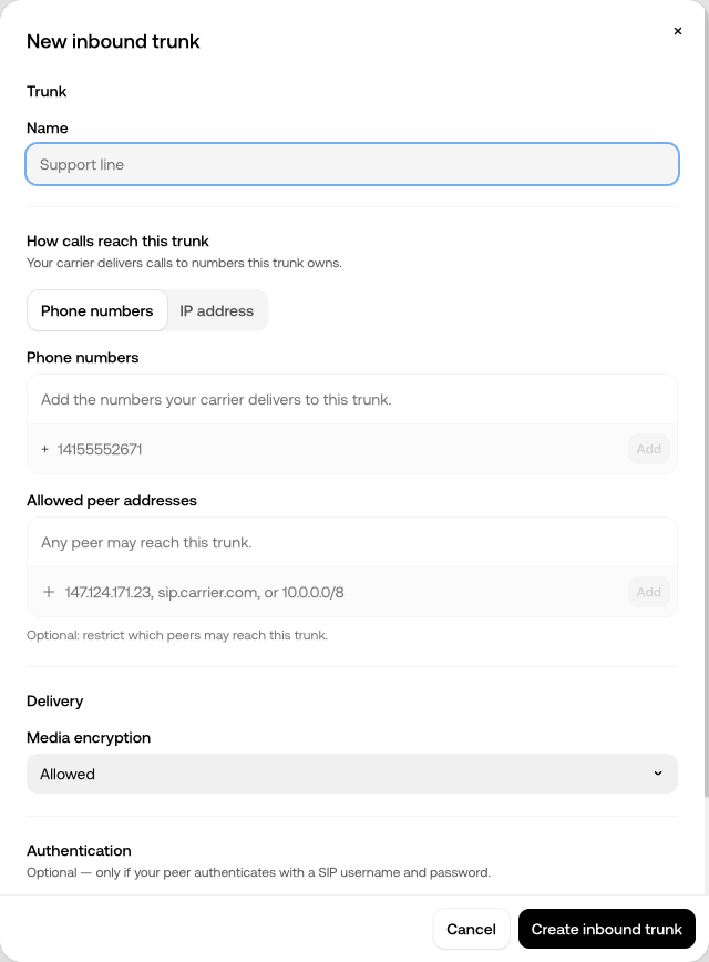Inbound trunk dialog