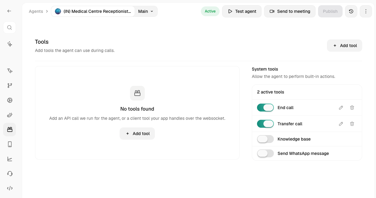 Tools tab in the agent editor showing system tools panel and custom tools list