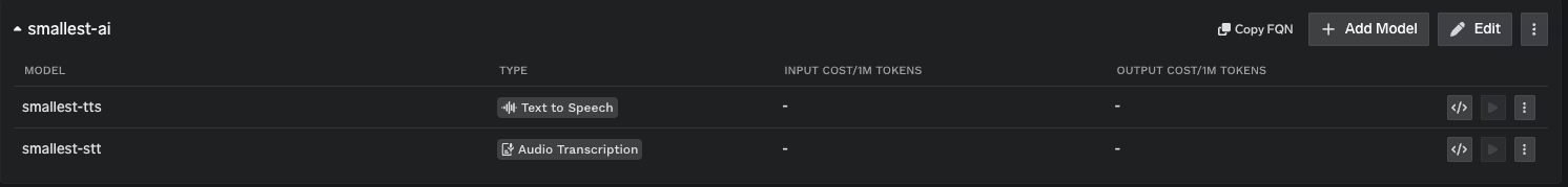 Smallest AI models on the provider account