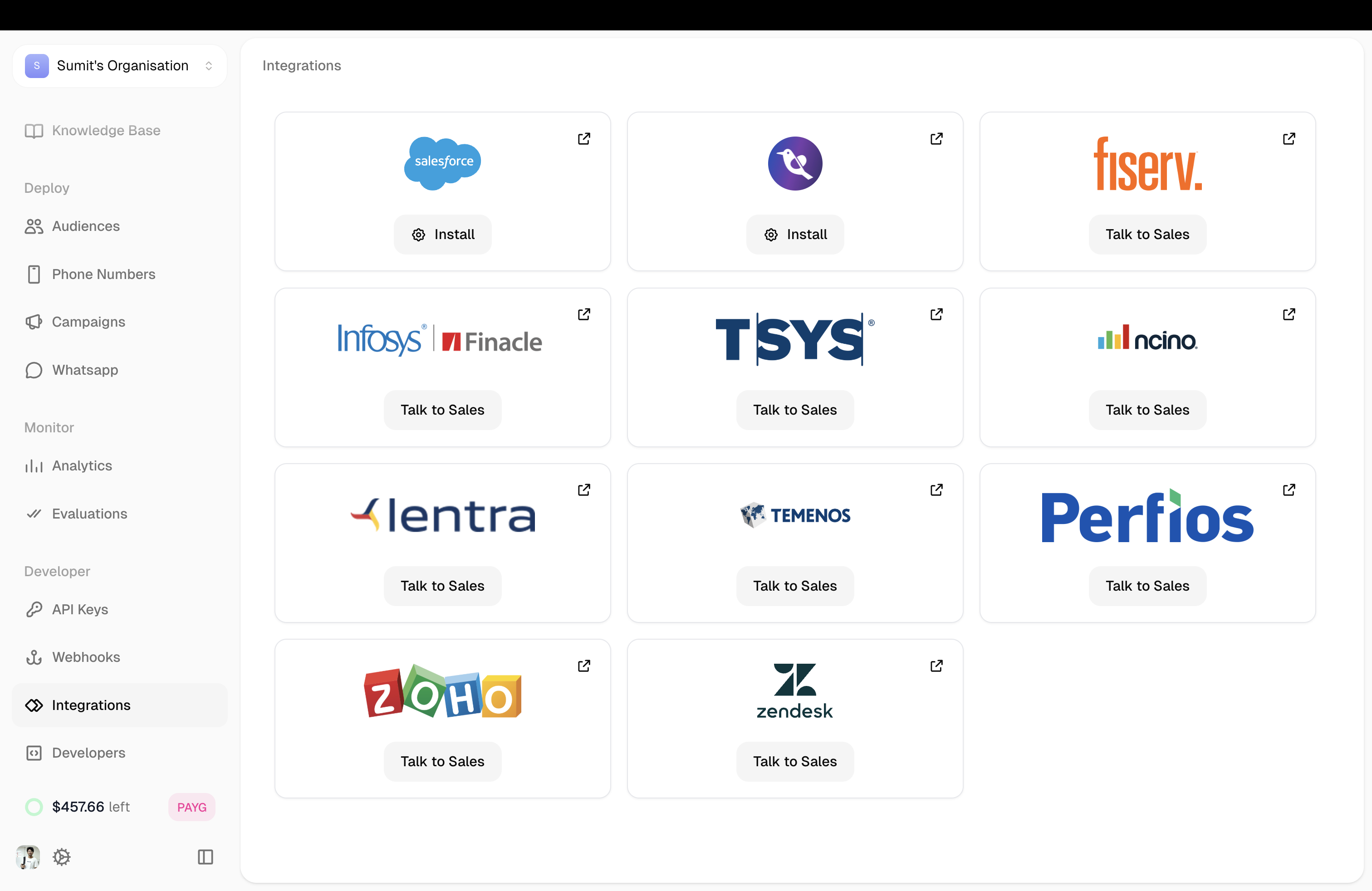 Integrations page