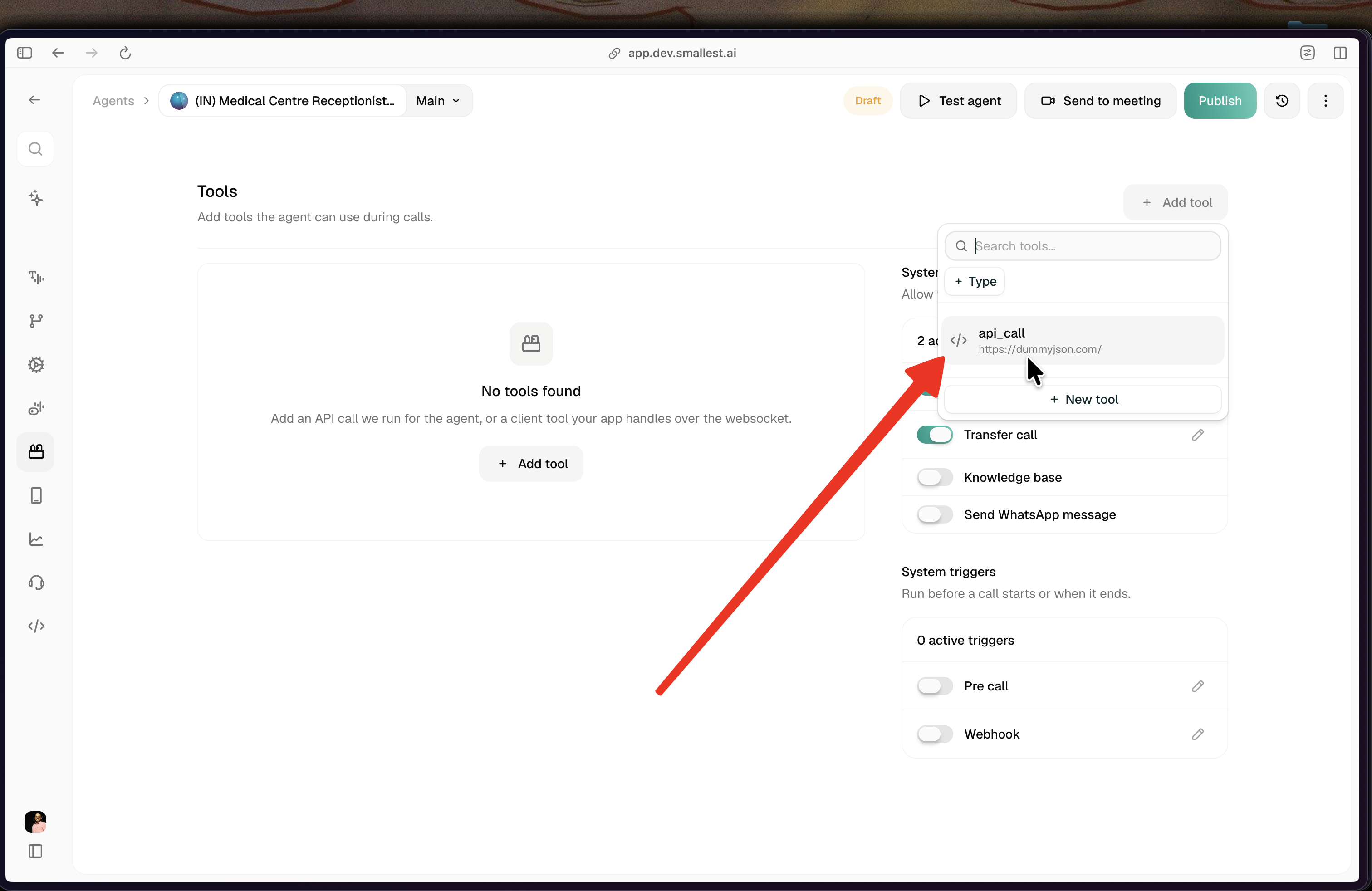 In-agent Add tool picker listing an existing library tool and a New tool option