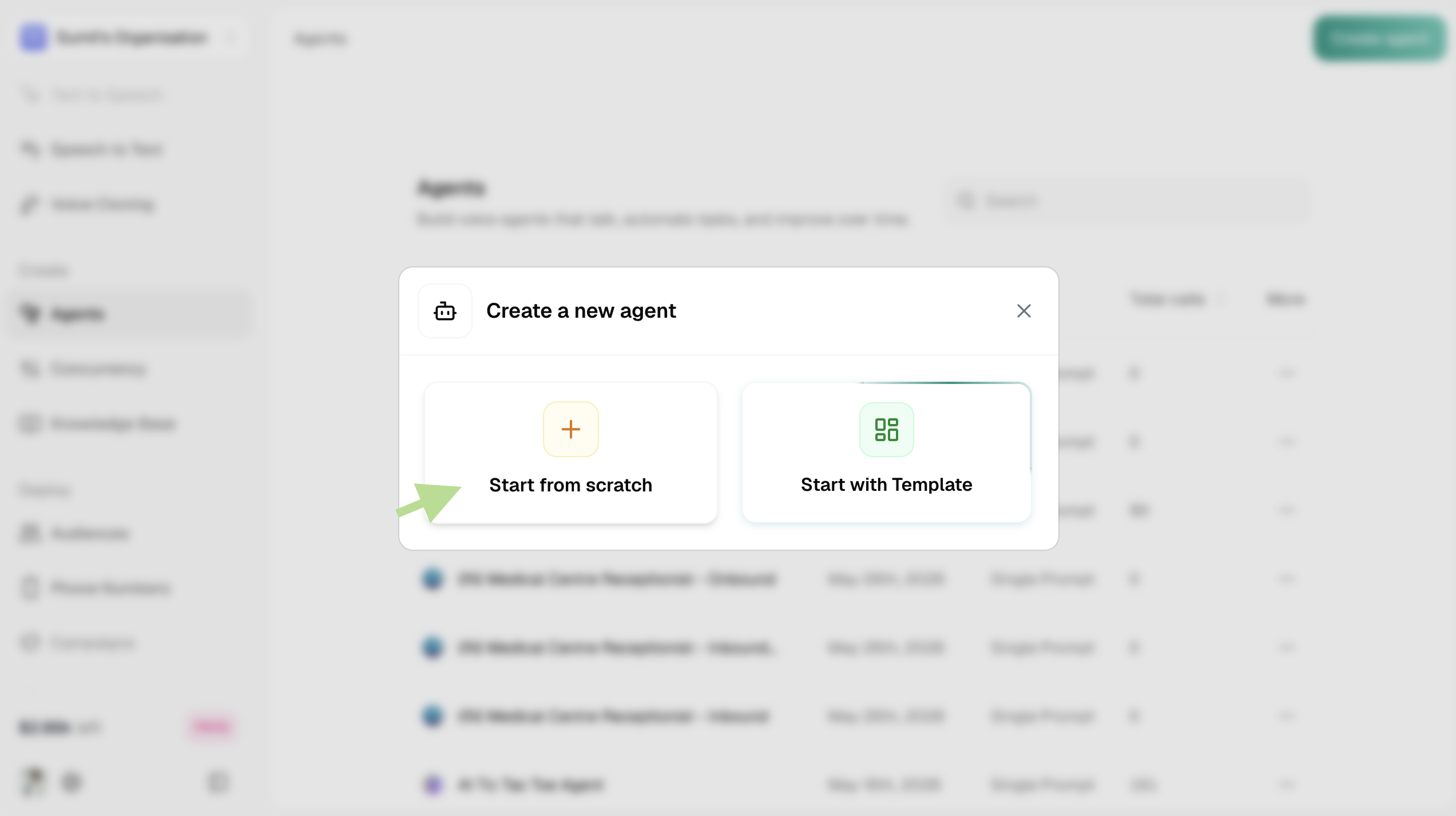 Start From Scratch button in Create Agent modal