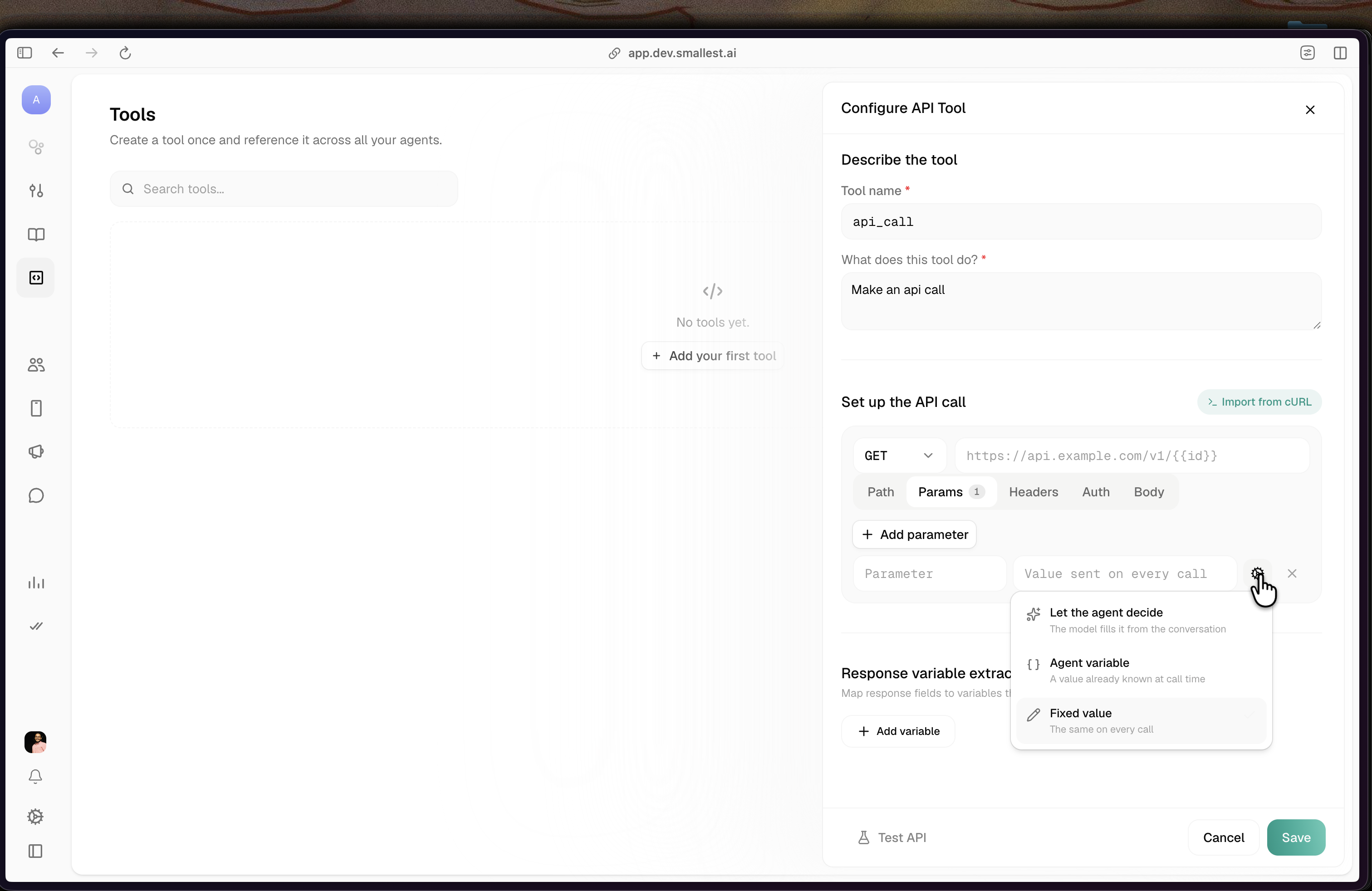 Dropdown showing Let the agent decide, Agent variable, and Fixed value