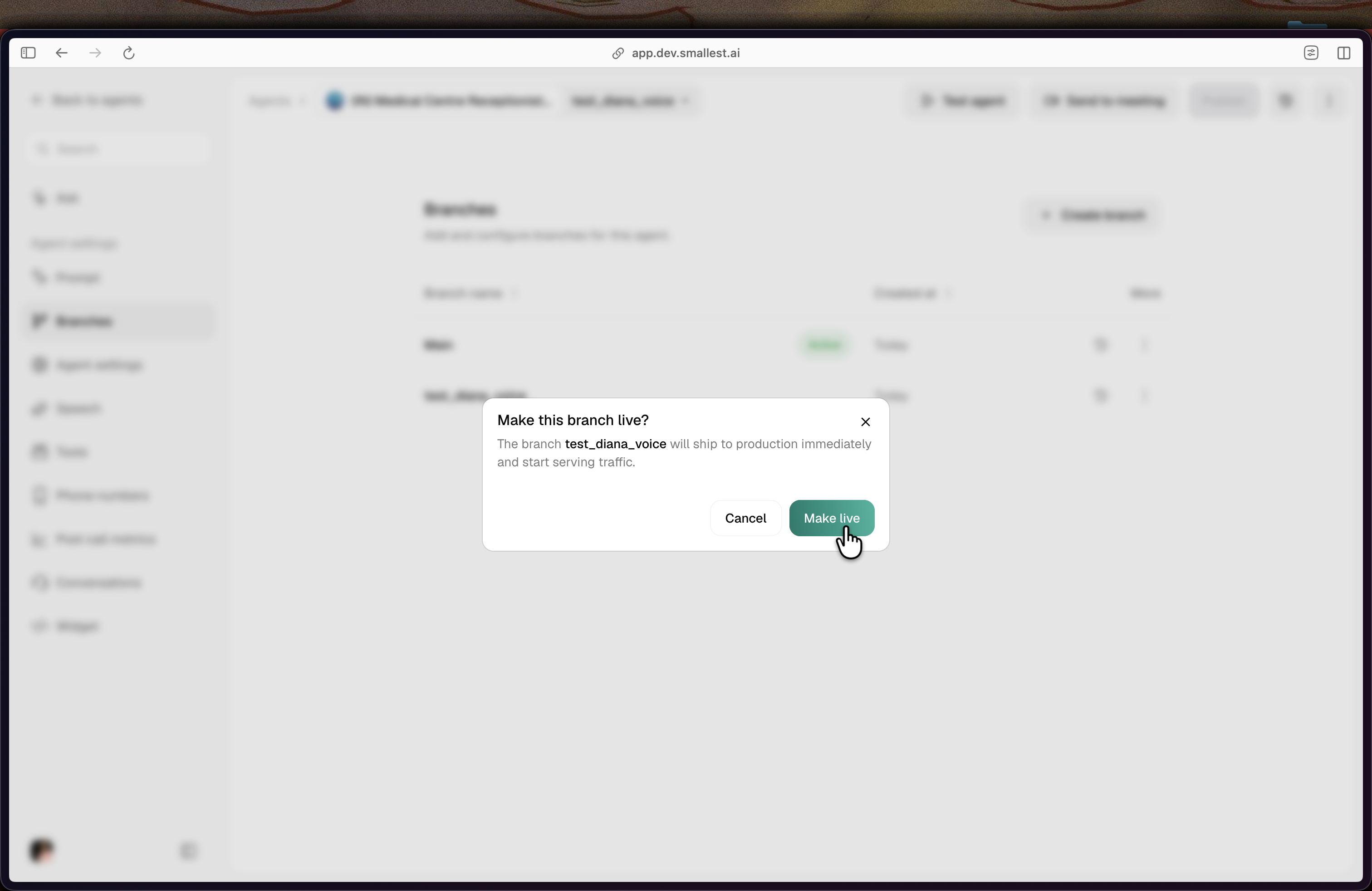 Make branch live modal