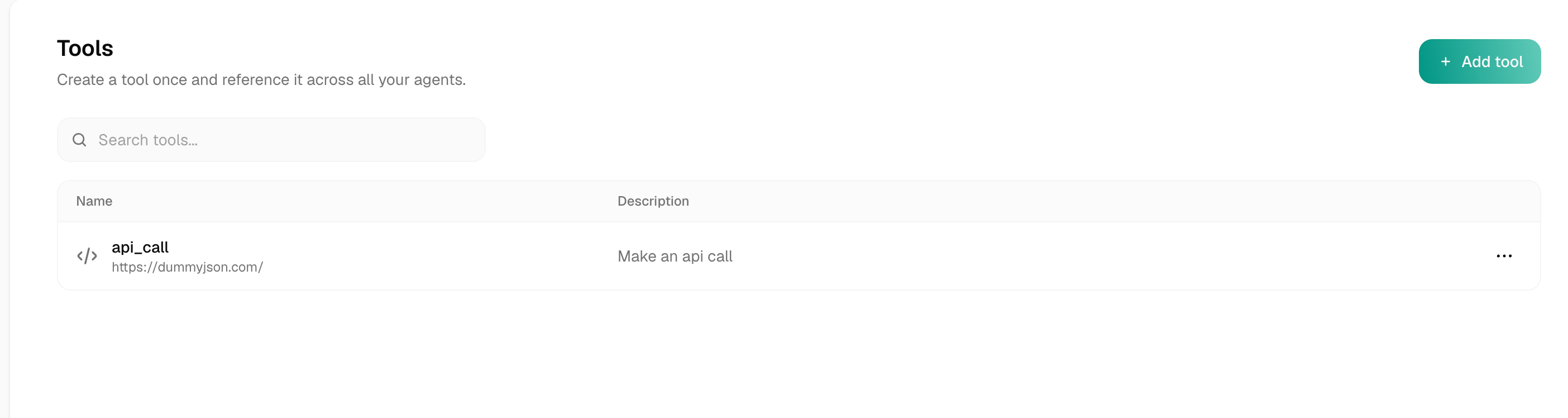 Tools library list showing a saved API tool with its name, URL, and description