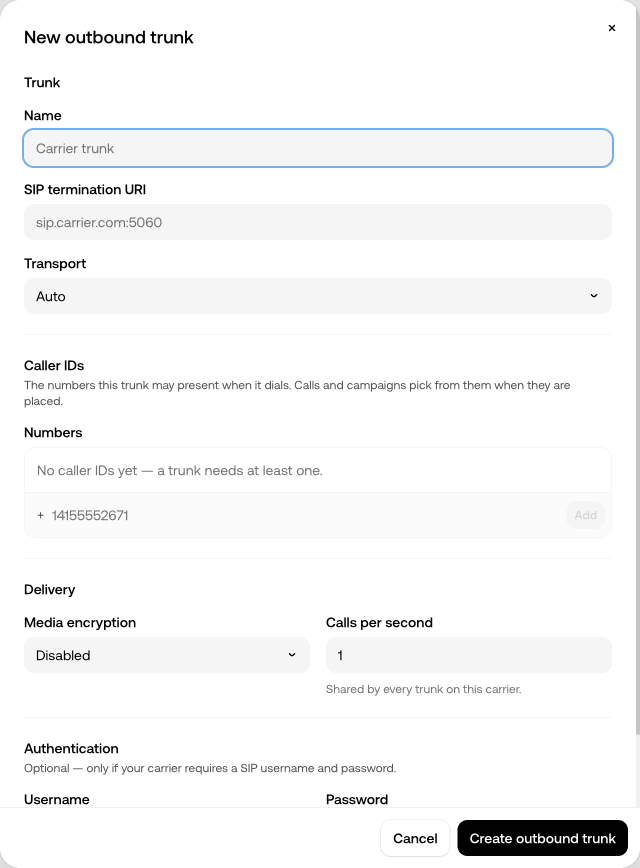Outbound trunk dialog