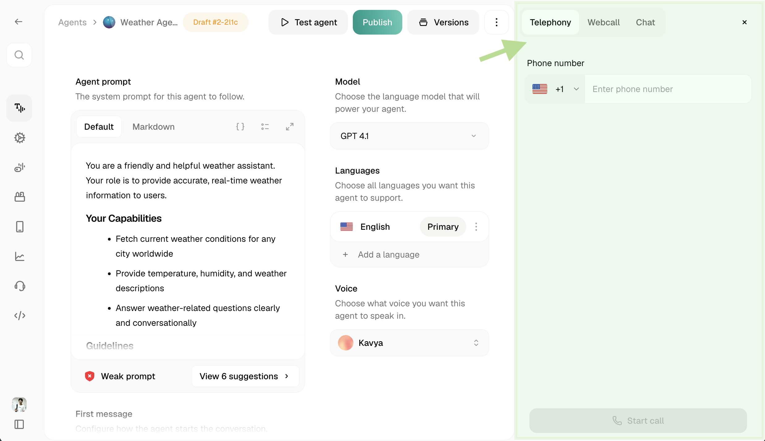 Test your agent via Web Call, Telephony, or Chat