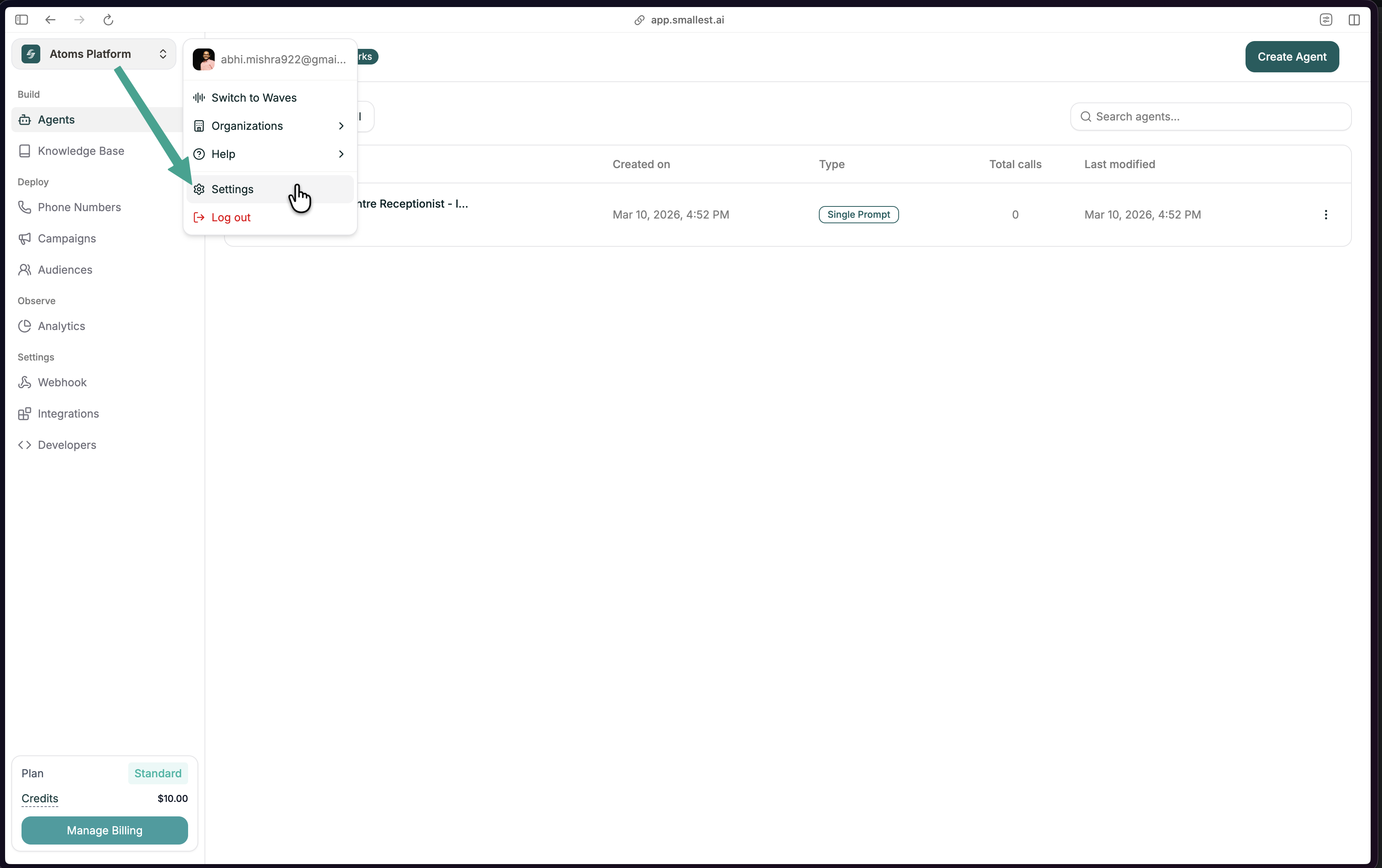 Atoms platform profile dropdown showing the Settings option in the left sidebar