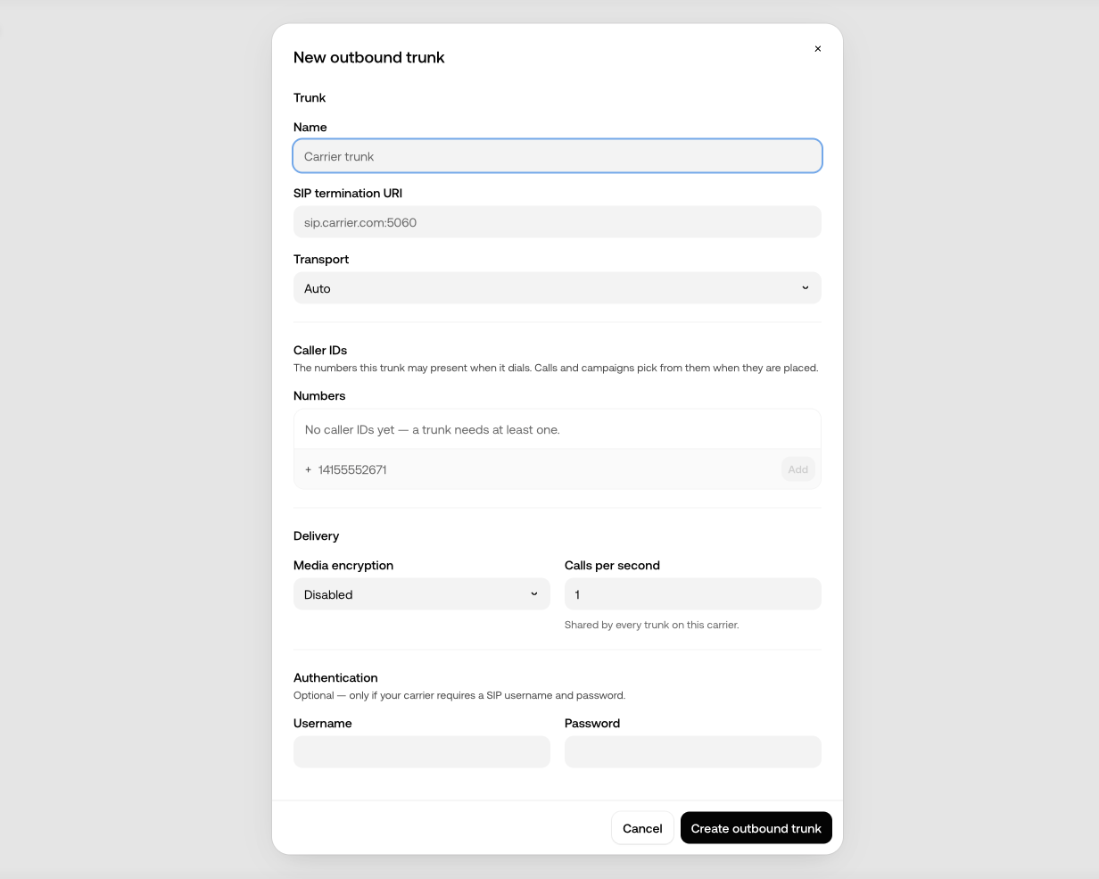 New outbound trunk form with SIP termination URI, transport, caller IDs, media encryption, and calls per second fields