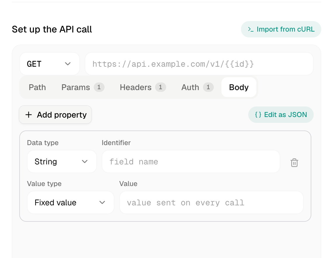 Body tab with Add property and Edit as JSON