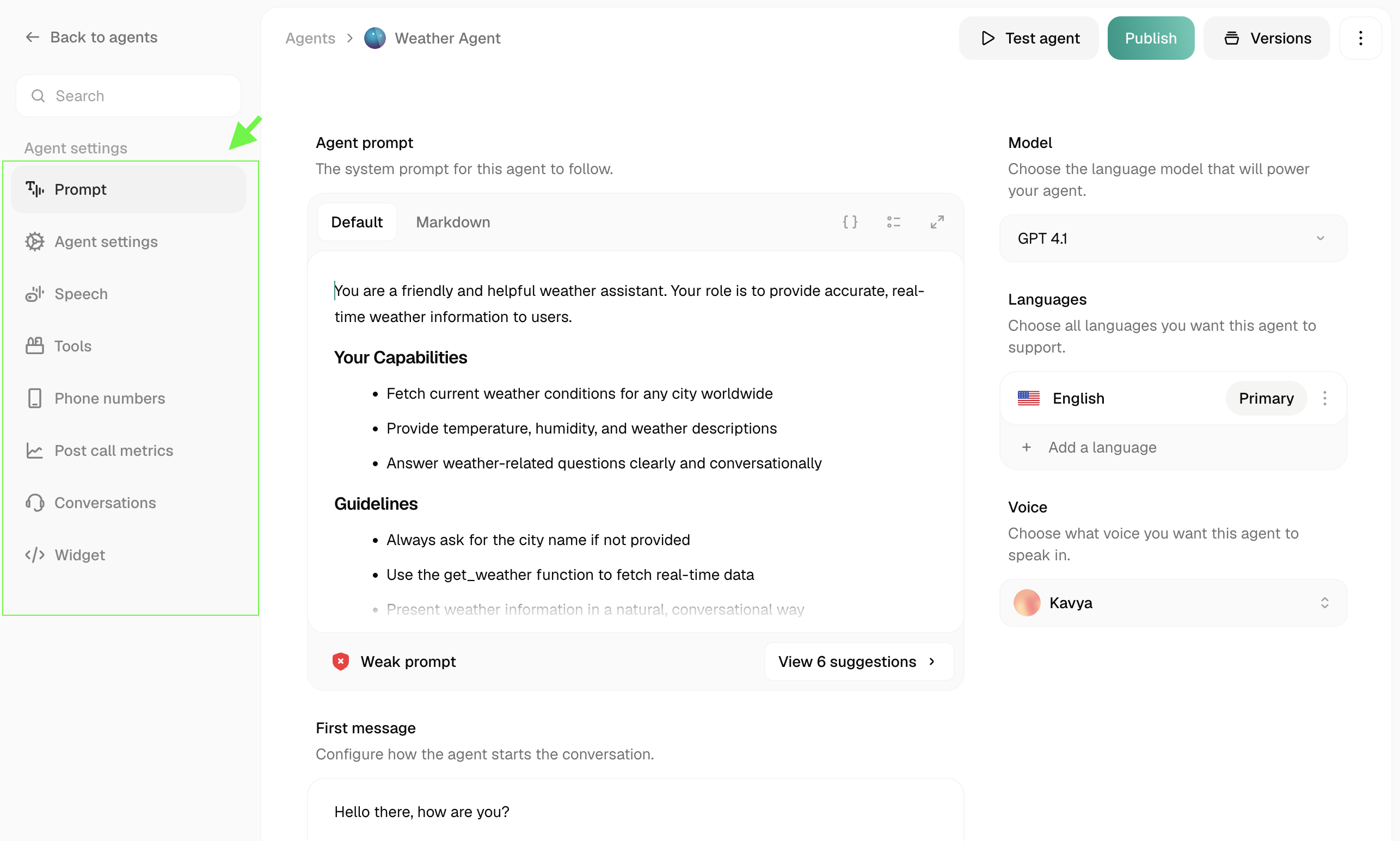 Agent Settings dashboard showing the Configure Behavior, Connect External Services, and Monitor & Improve panels
