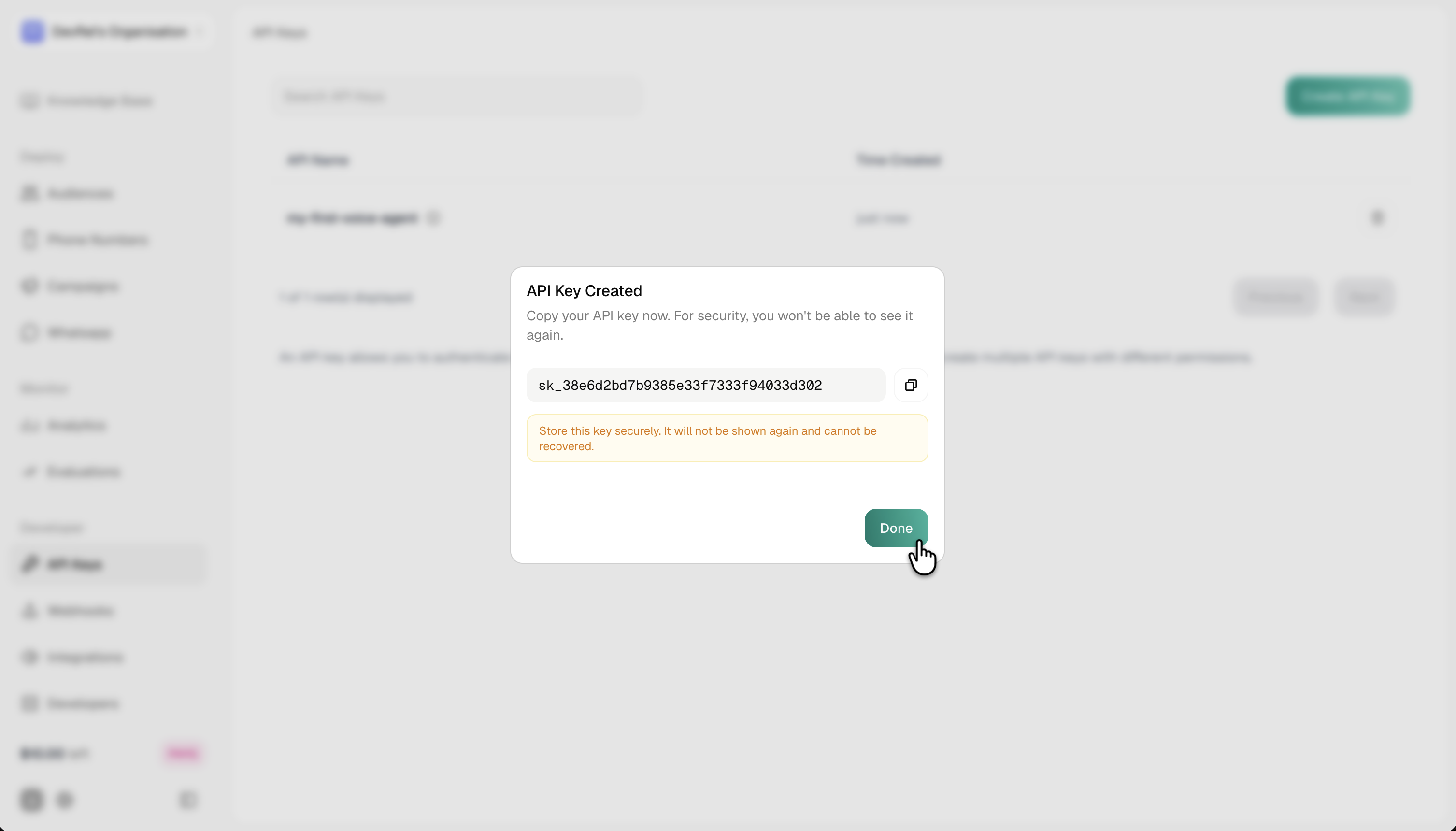 API Key Created dialog showing the generated key value and the Store this key securely warning