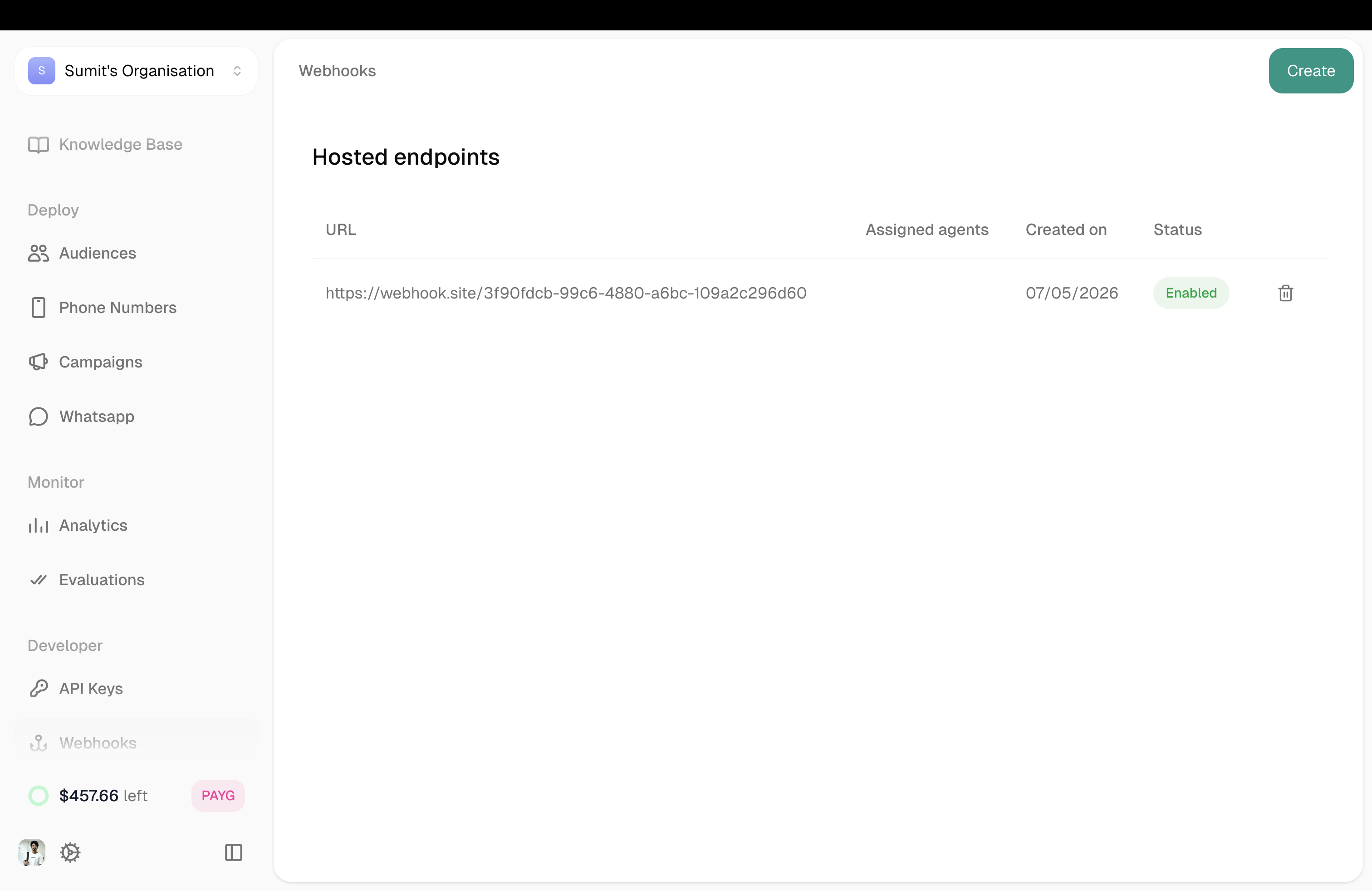 Webhooks dashboard