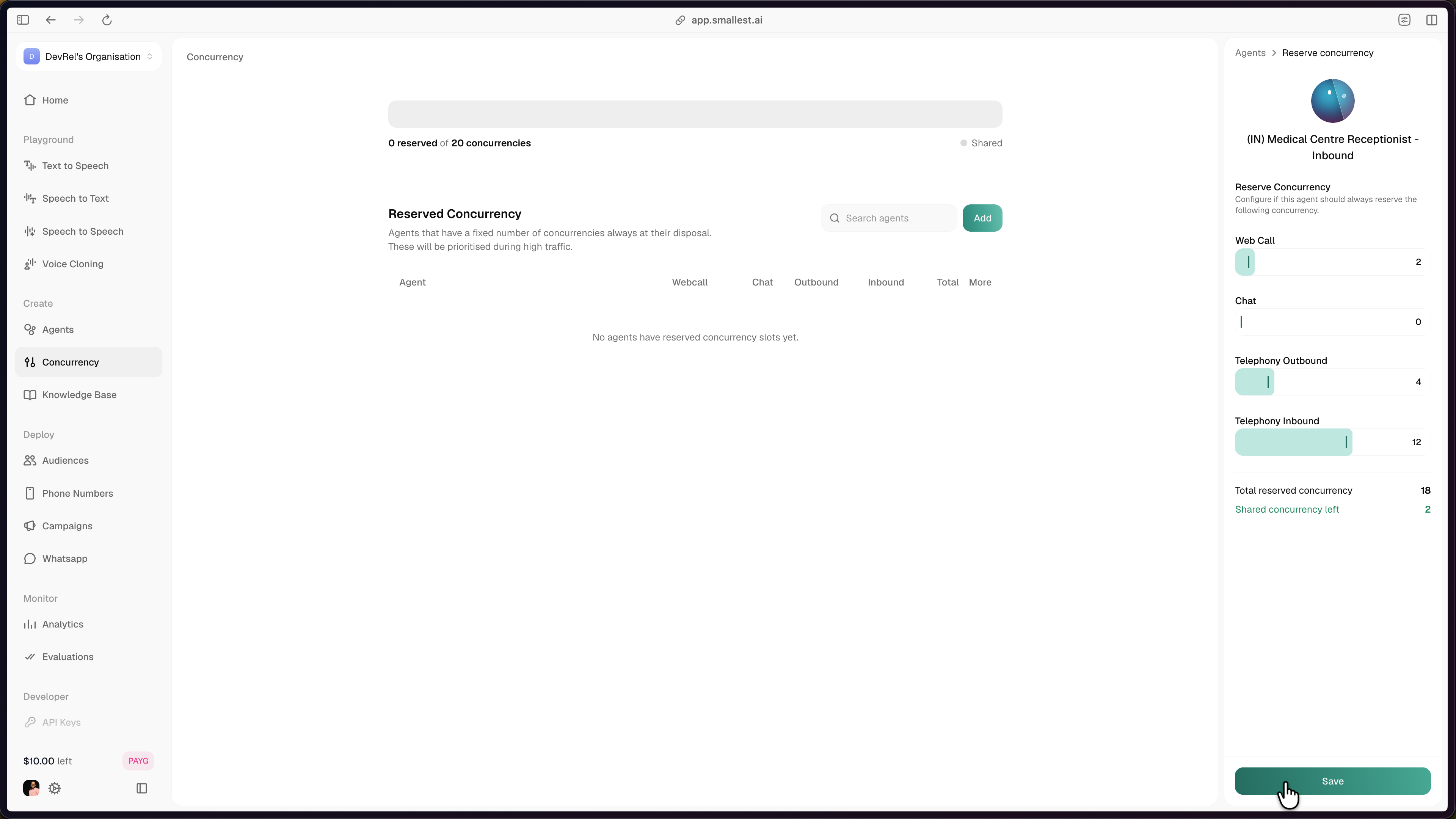 Reserve concurrency panel with per-channel sliders for one agent