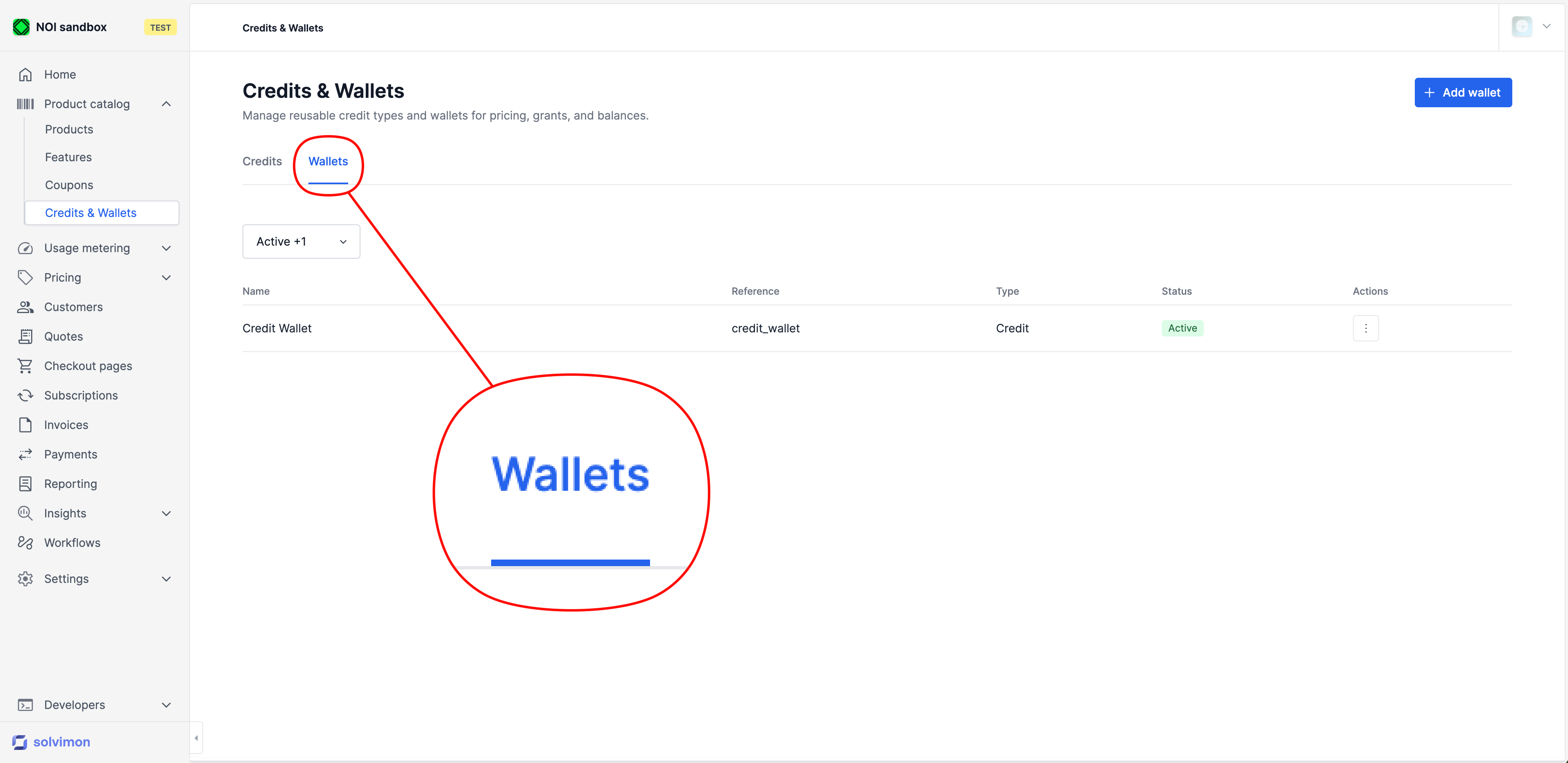 Wallets tab, list view