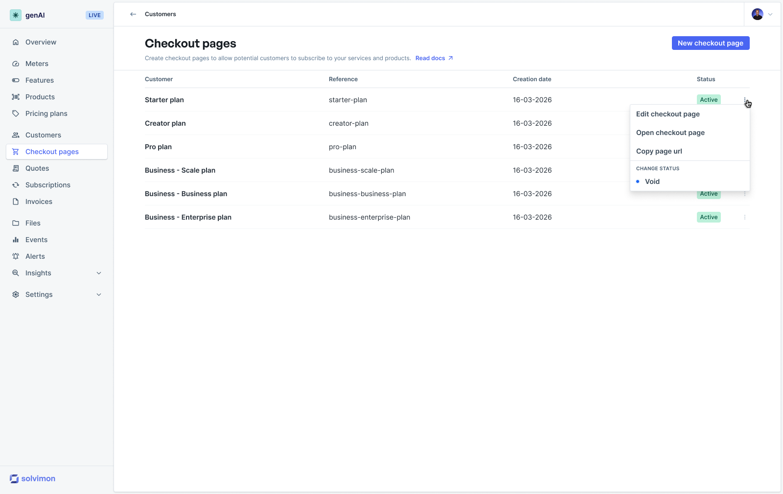 The Checkout pages list in Desk