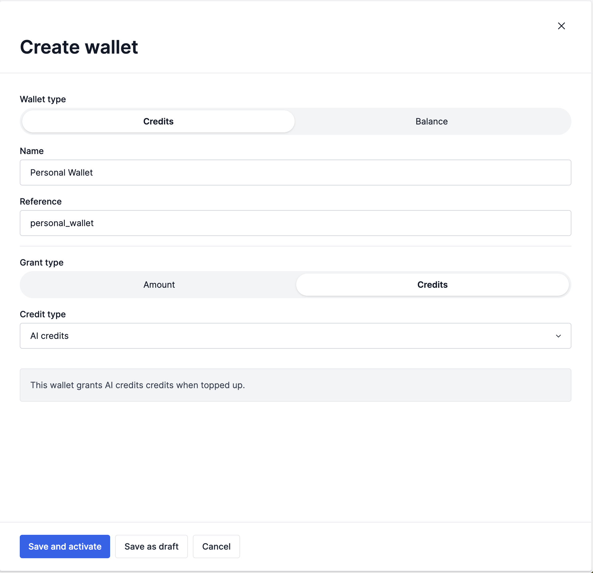 Create wallet form