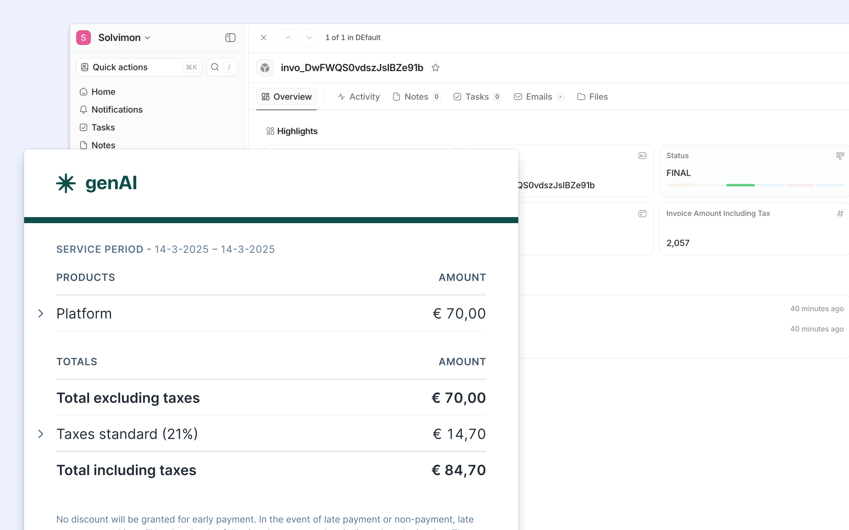 Invoice and subscription data displayed in Attio with Solvimon overlay