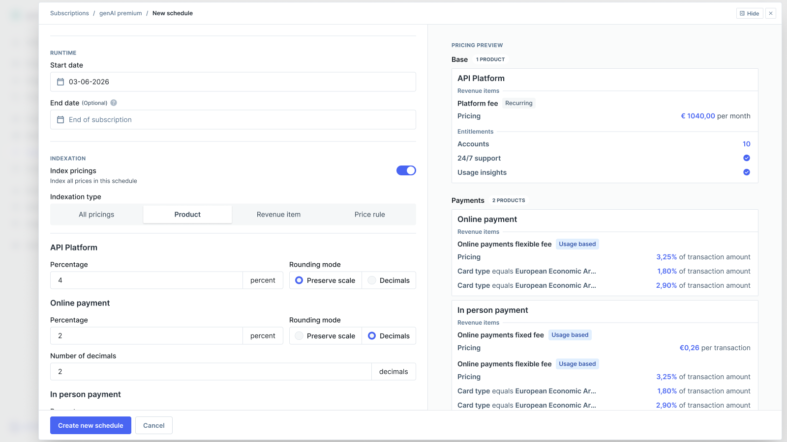 New subscription schedule form with indexation settings for multiple products, showing separate percentage and rounding mode options for API Platform and Online payment products, with a pricing preview panel on the right displaying the schedule configuration details