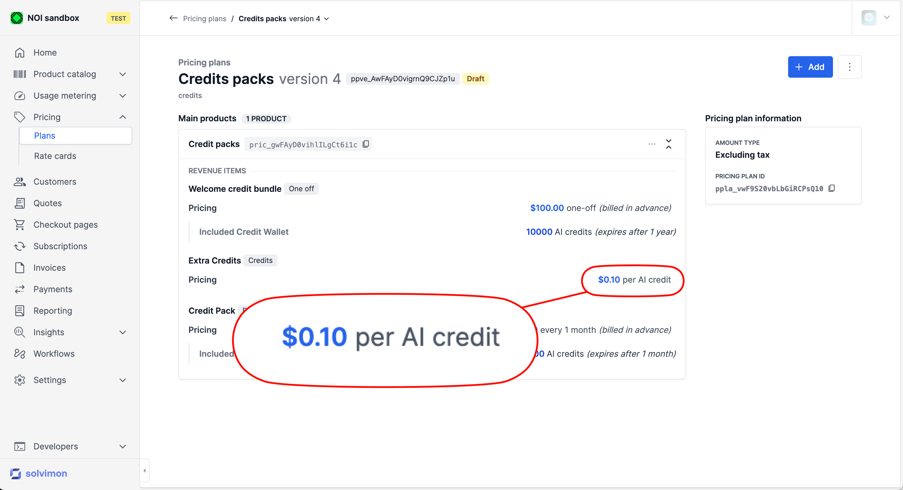 Credit overage revenue item in the pricing plan