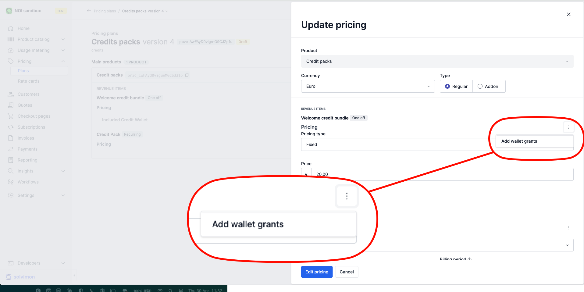 Three dots menu on a revenue item showing the Add wallet grant option