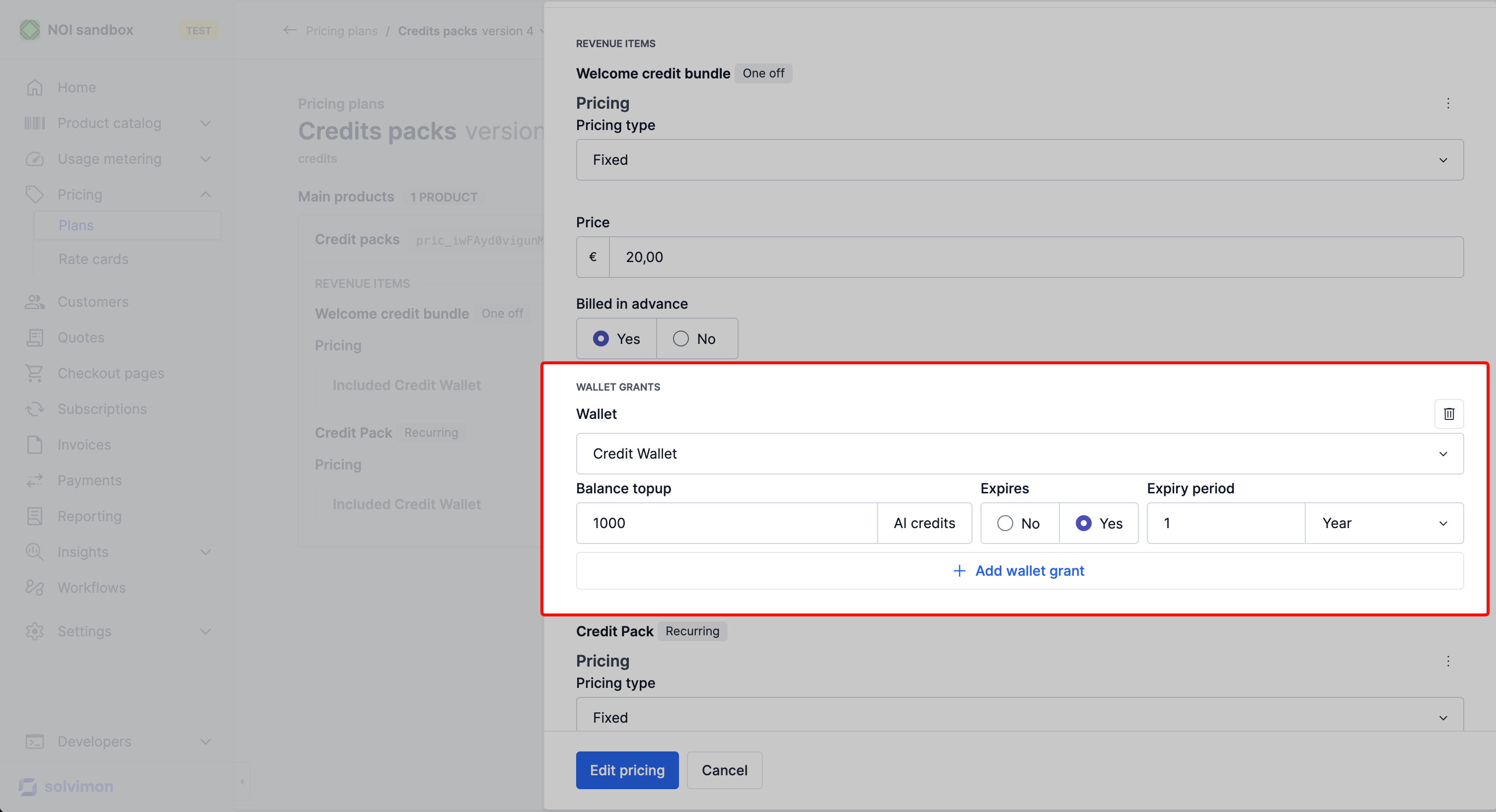 Wallet grant configuration form