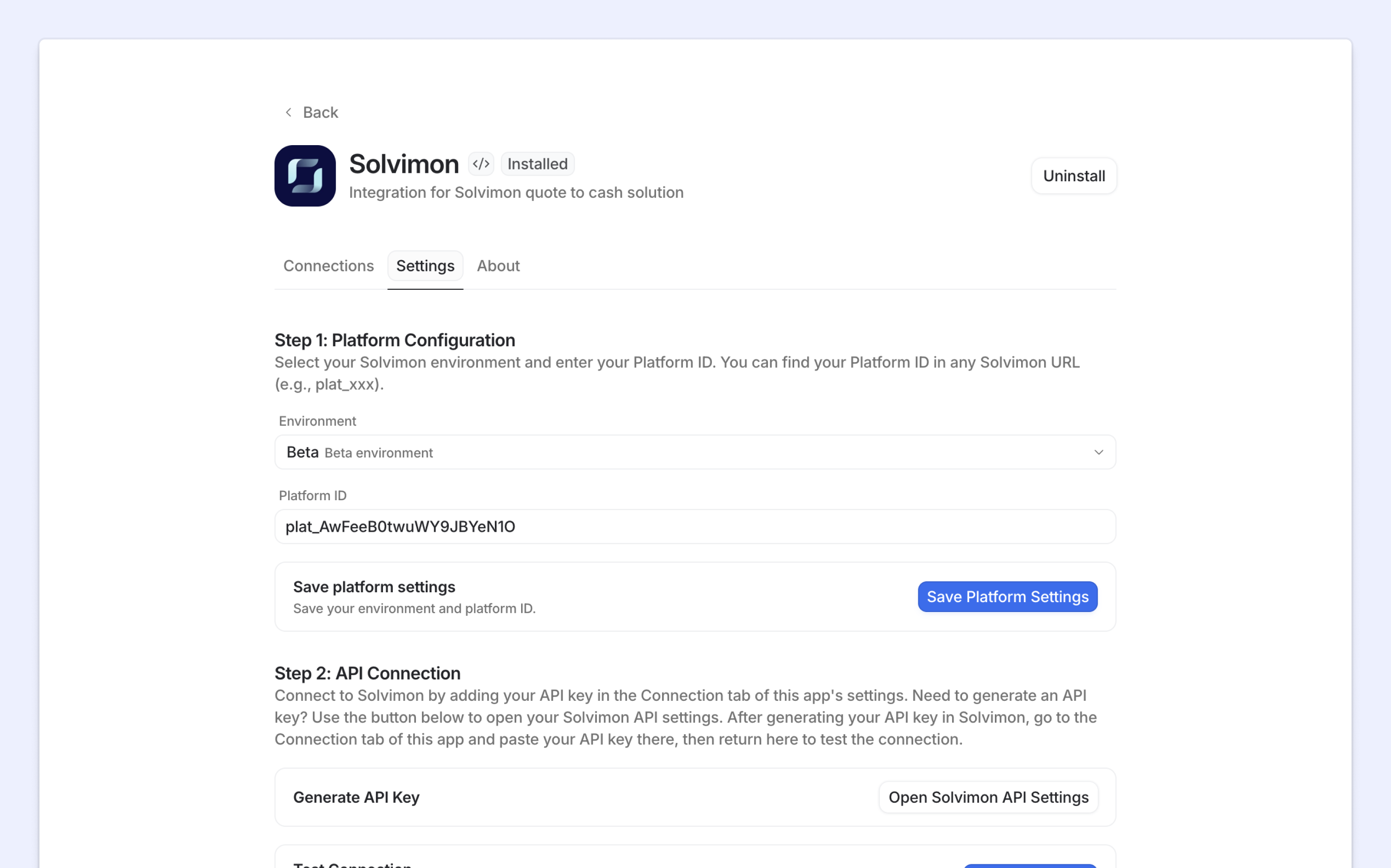 Attio configuration screen showing API key and platform selection fields