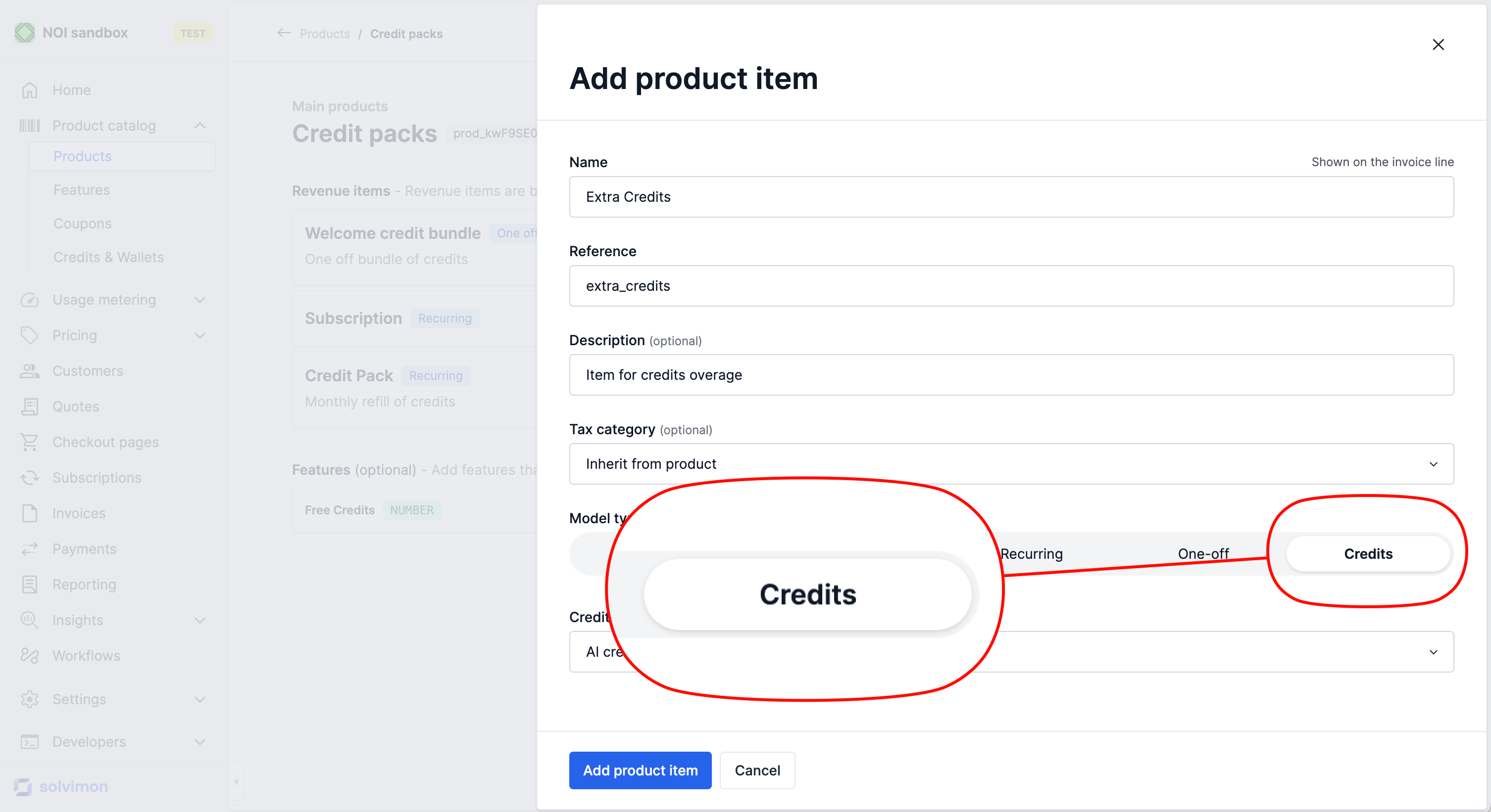 Revenue item creation form with Model type set to Credits