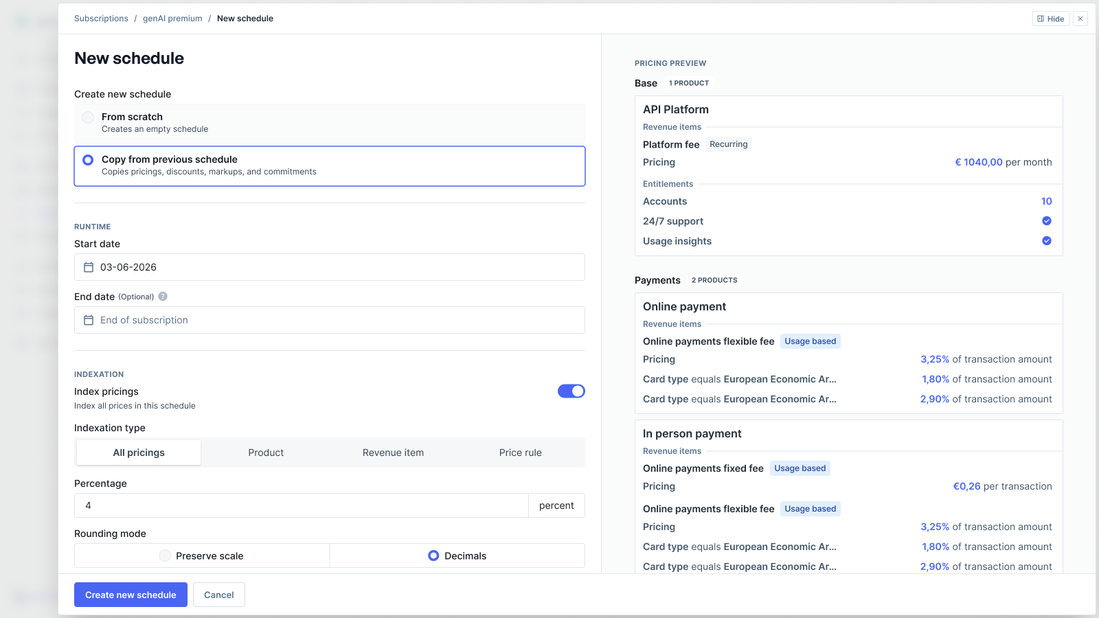 New subscription schedule form with indexation settings for all products at once, with percentage and rounding mode options with a pricing preview panel on the right displaying the schedule configuration details