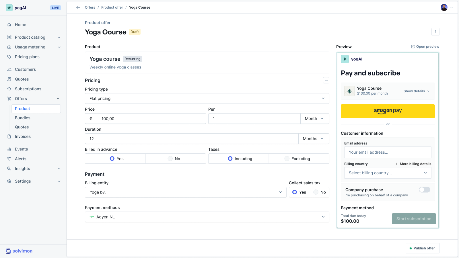 A recurring product offer with its express checkout preview in Desk