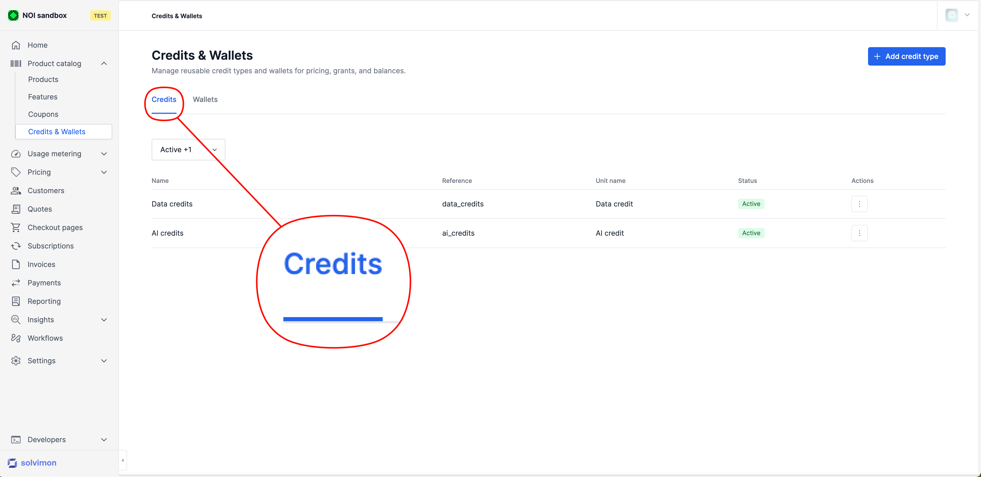 Credits & Wallets page, credit types tab