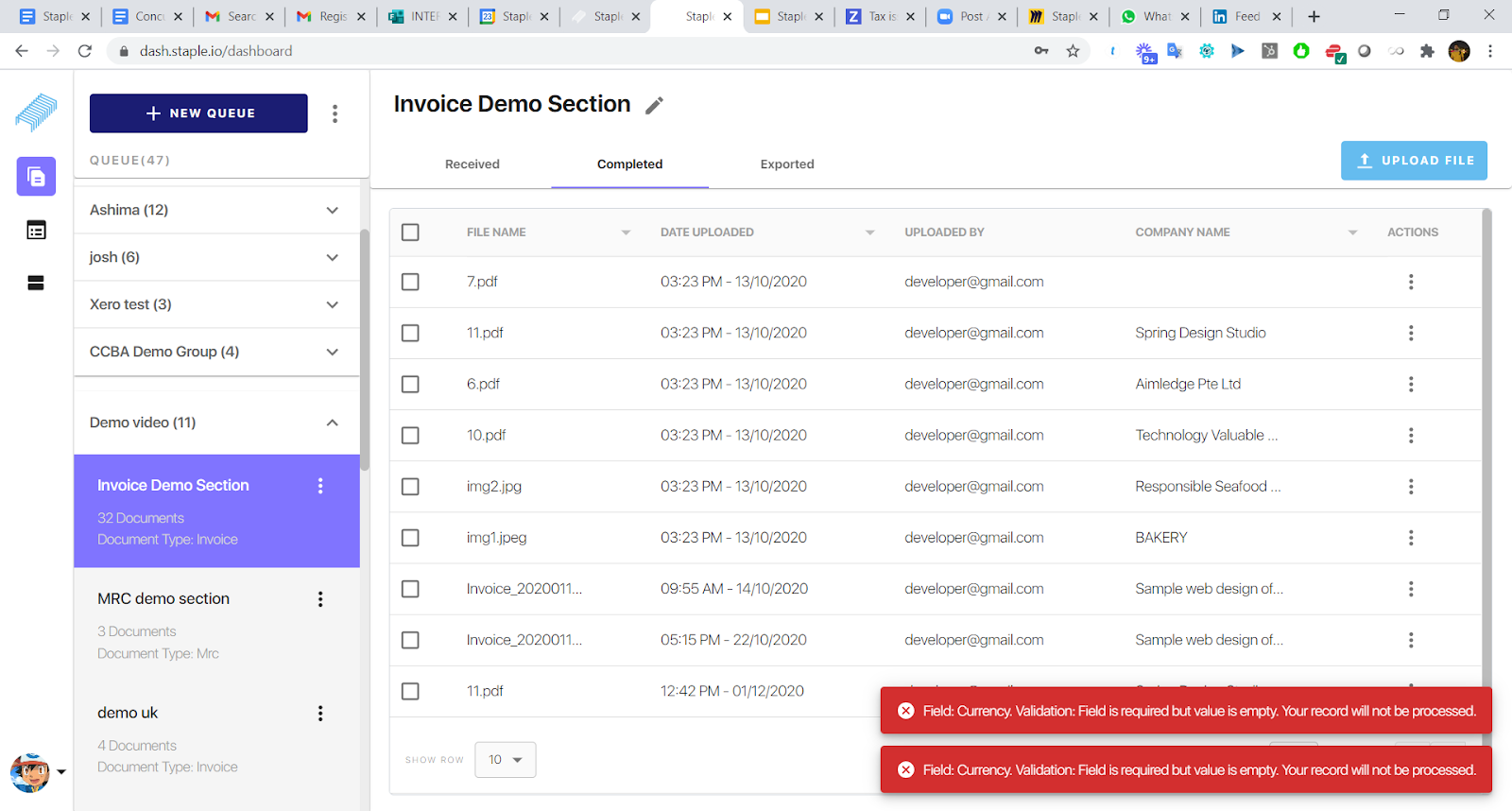 Figure 35: Errors while exporting data to Concur