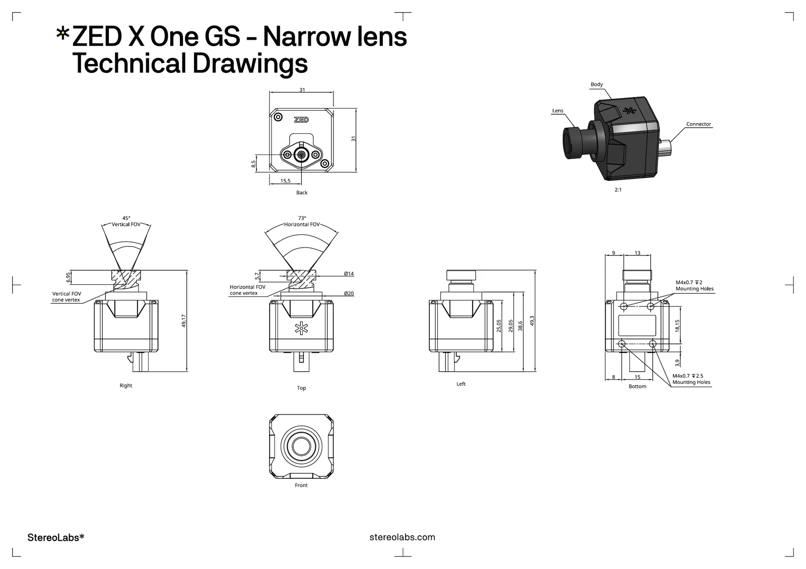 ZED X One GS narrow lens technical drawings