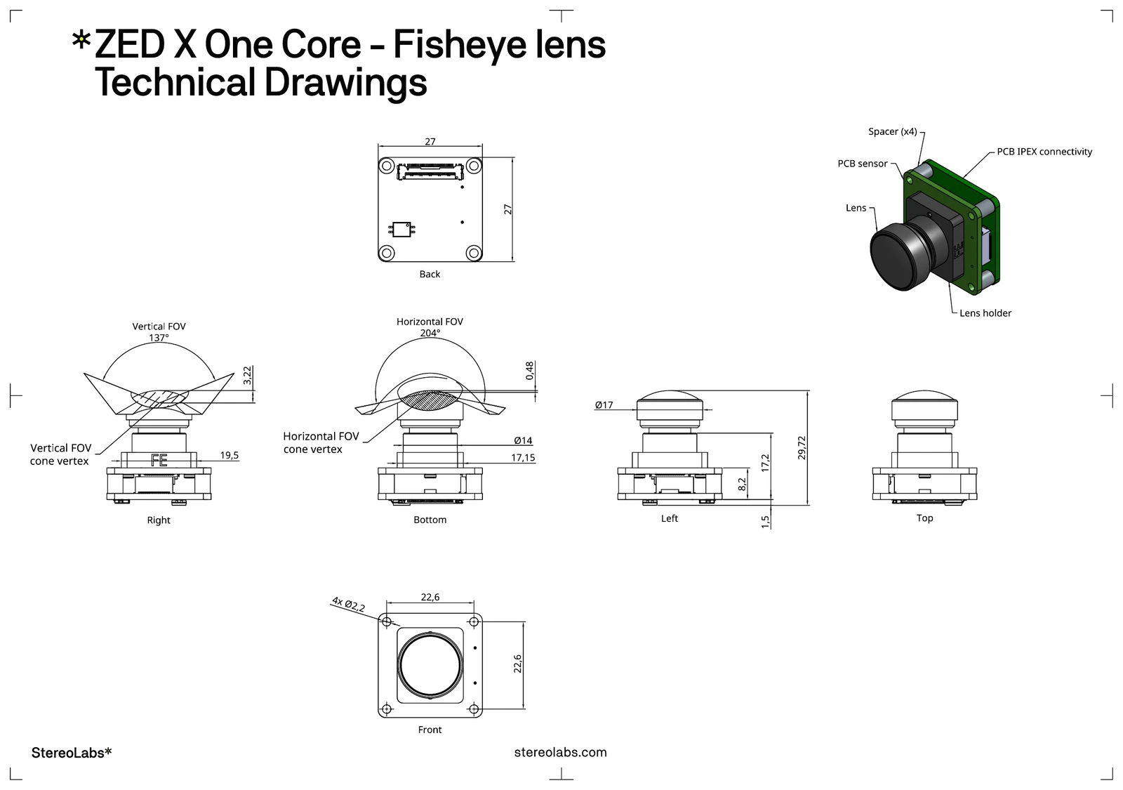 ZED X One Core fisheye lens technical drawings