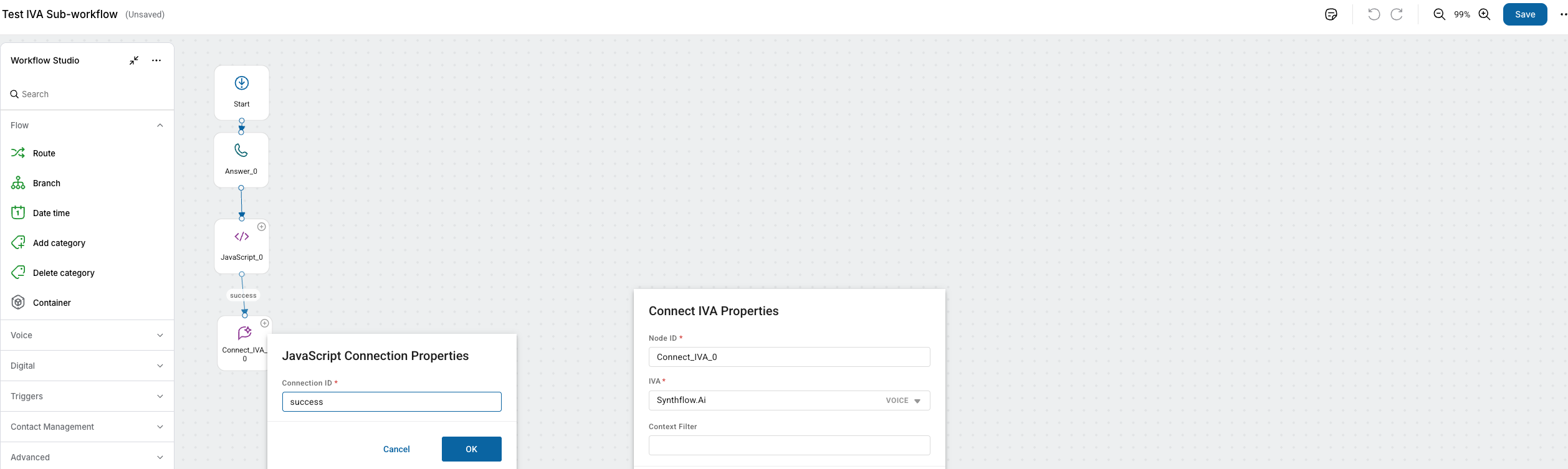 Workflow Studio showing JavaScript Connection Properties and Connect IVA Properties panels