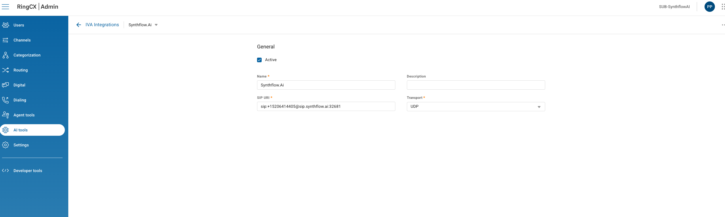 RingCX IVA Integrations page showing the Synthflow integration with SIP URI and transport settings