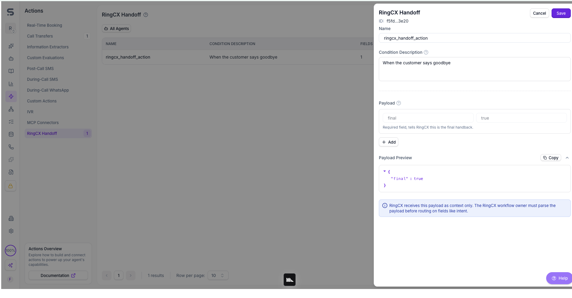 RingCX Handoff action configuration showing condition description, payload fields, and payload preview