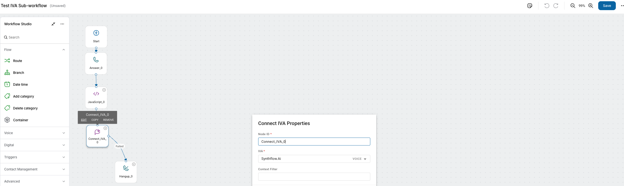 Connect IVA Properties panel showing the Synthflow integration and Context Filter field