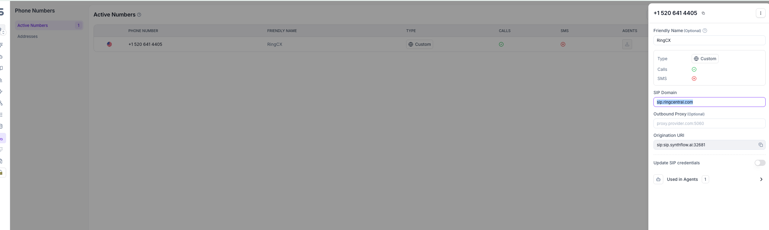 Synthflow Phone Numbers page showing the imported RingCX number with SIP Domain and Origination URI