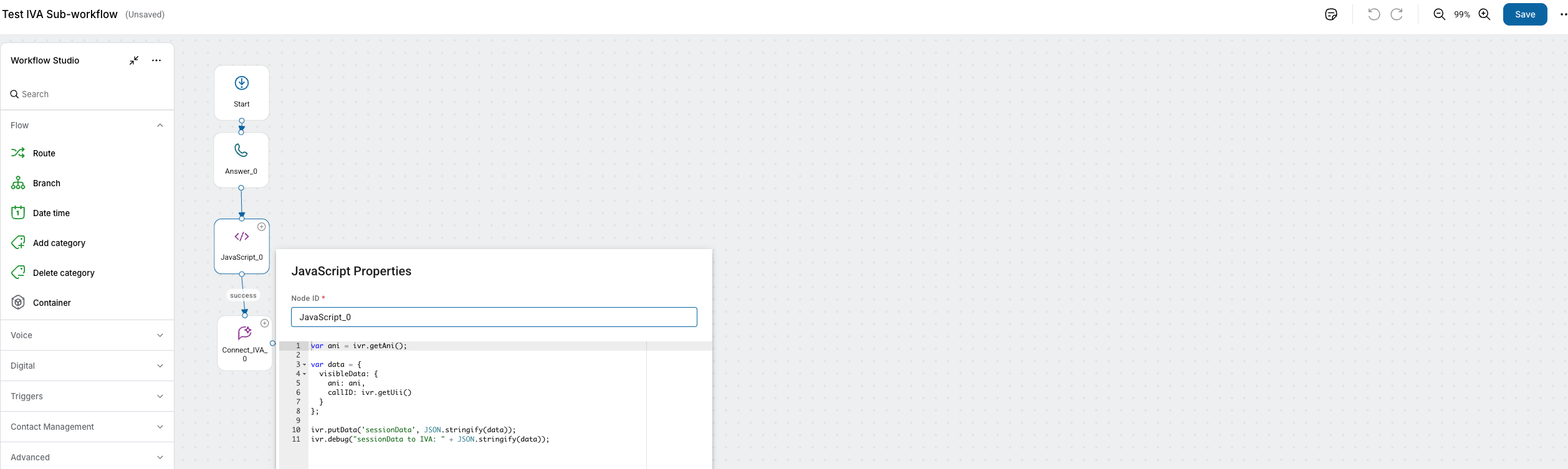 Workflow Studio with JavaScript Properties panel open showing sessionData code