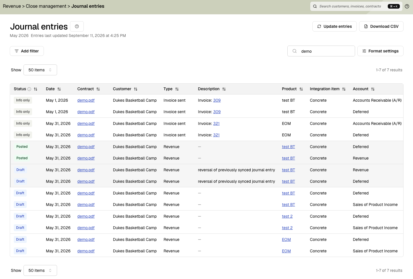 Journal entry table showing status, type, customer, contract, product, and account columns