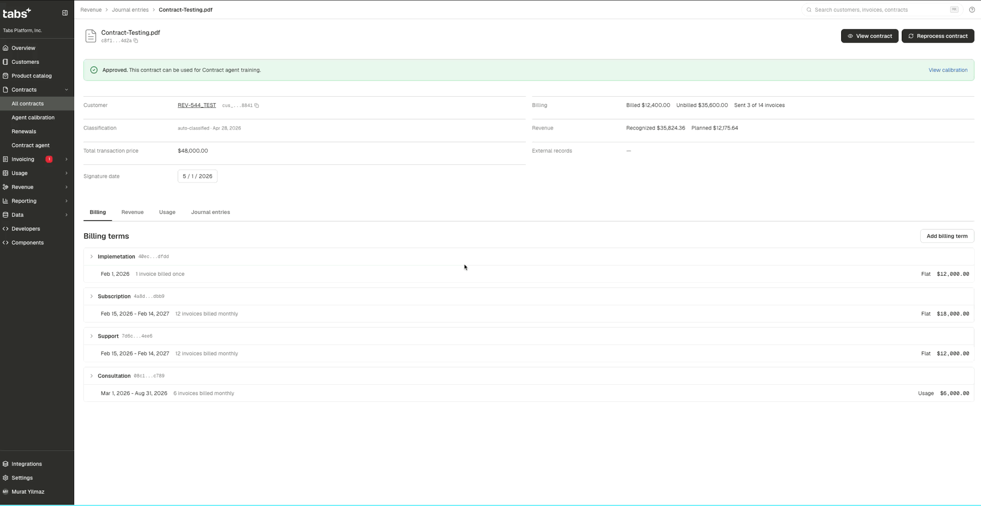 Journal Entries tab on the Contract Details page