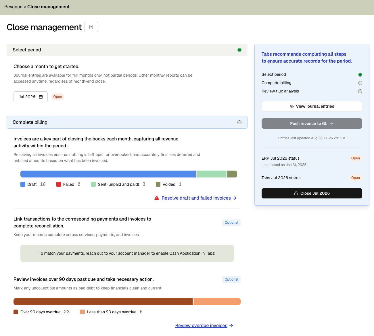 Close Management page showing the list of periods and their close status
